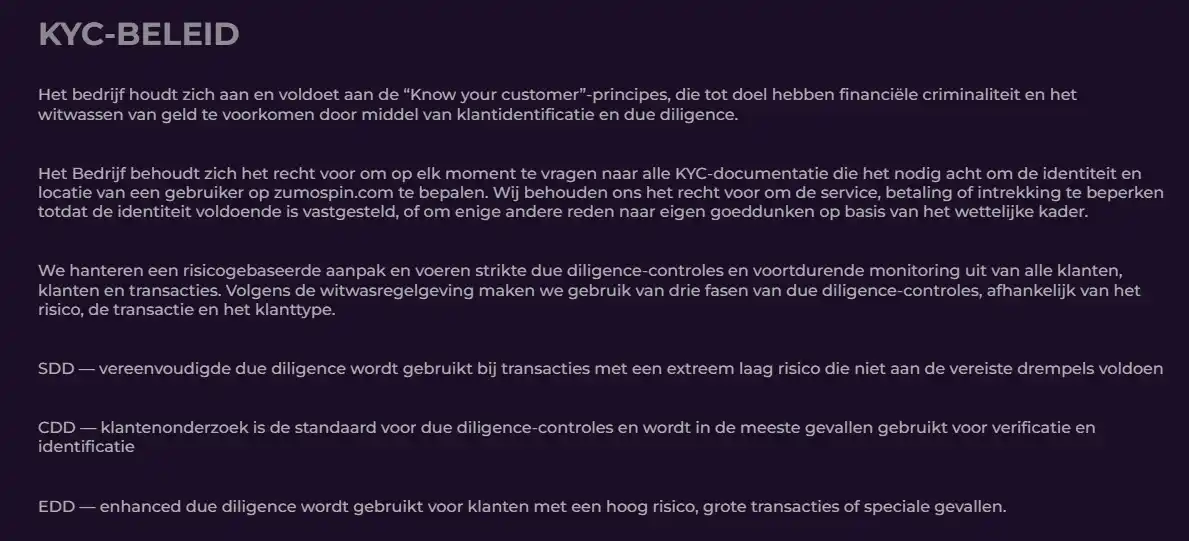 Officiële Zumospin KYC Policy met documentcategorieën en de 24-uurs reviewstage