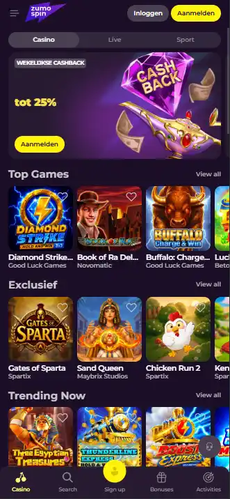 Zumospin homepage in een smalle mobiele browserweergave