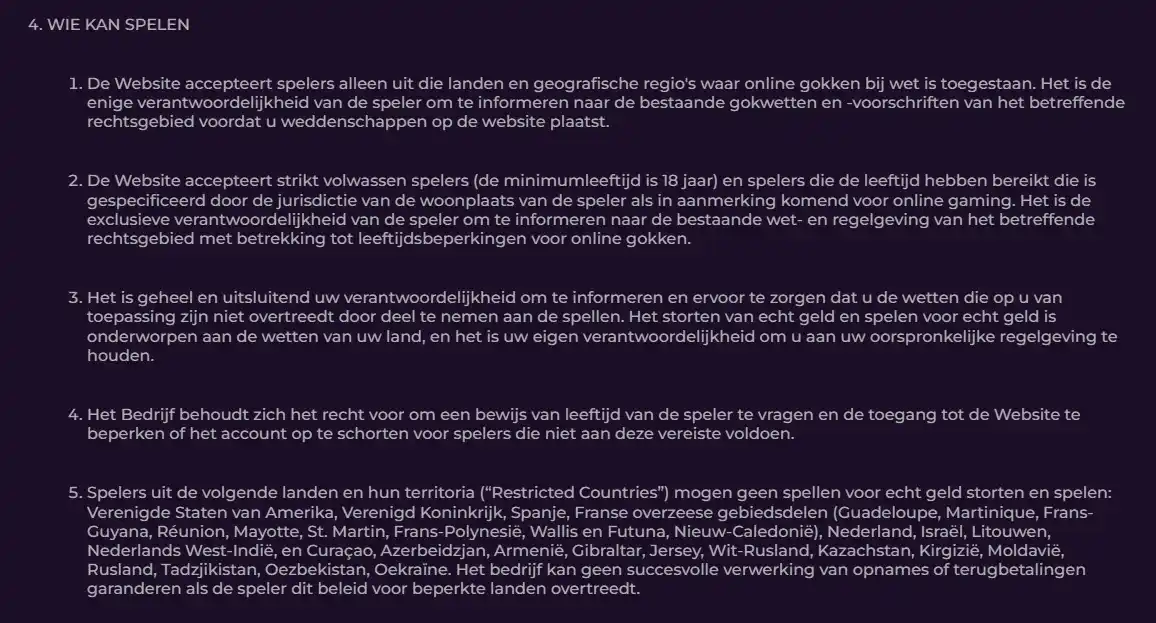 Zumospin voorwaarden met Nederland in de lijst van Restricted Countries