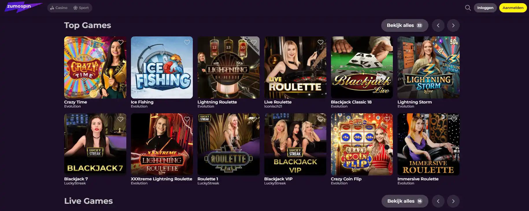 Actuele Zumospin live-casino lobby met live tafels en providers zonder persoonlijke gegevens
