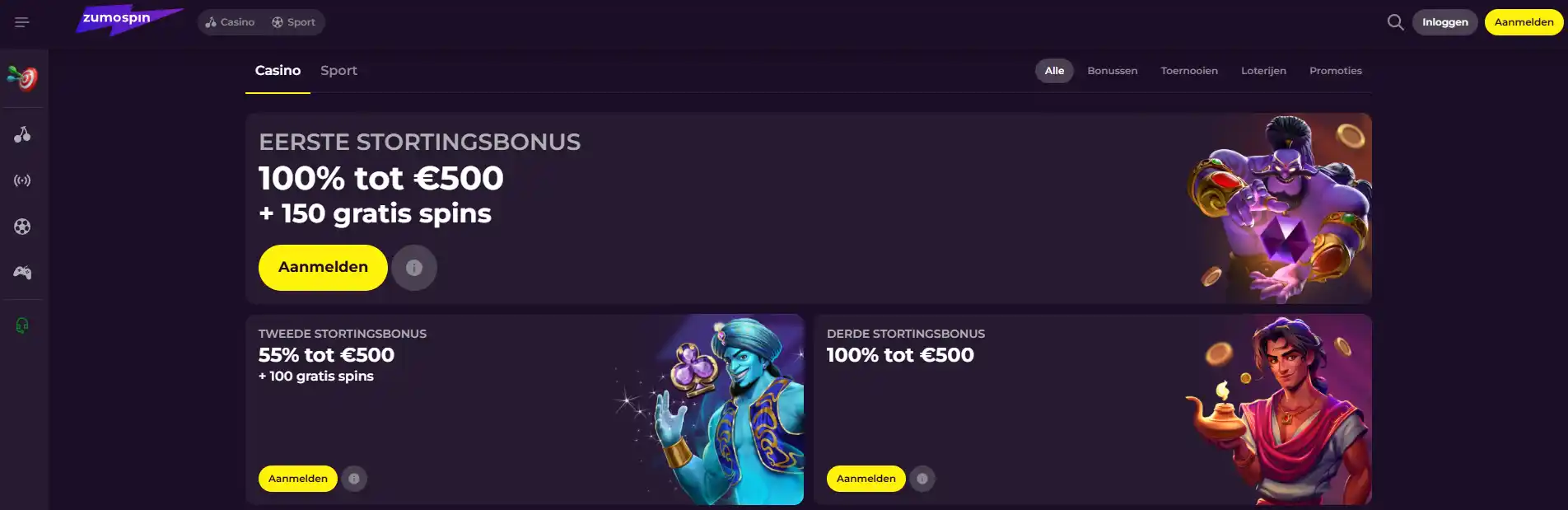 Actuele officiële Zumospin promotiekaart met eerste stortingsbonus